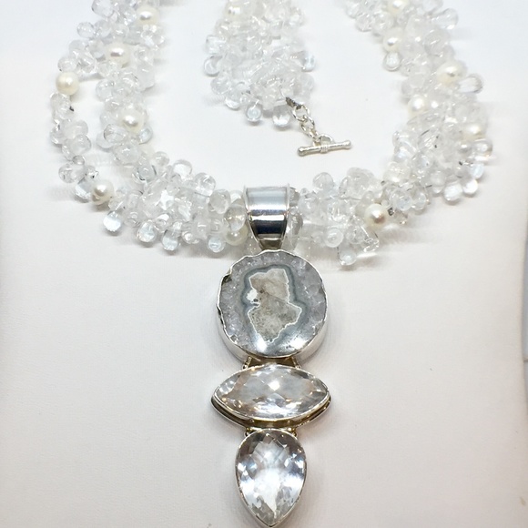 Sterling Silver Crystal/Pearl & Agate Necklace - Picture 5 of 7